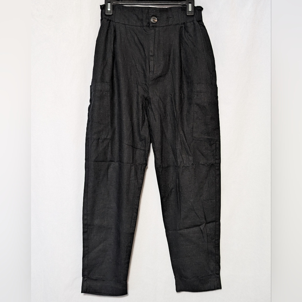 🌷Zara Womens Linen-Blend Black Semi-Elastic Waist Cargo Pants Size 2
